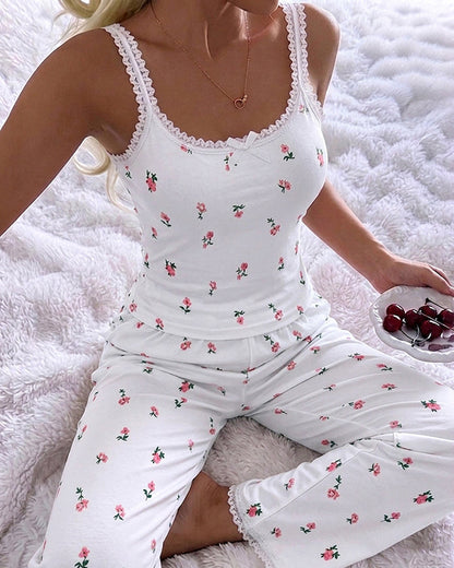 Women's Ditsy Floral Print 2 Piece Pajamas Set Lace Cami Top and Pants Casual Loungewear Bowknot Sleepwear