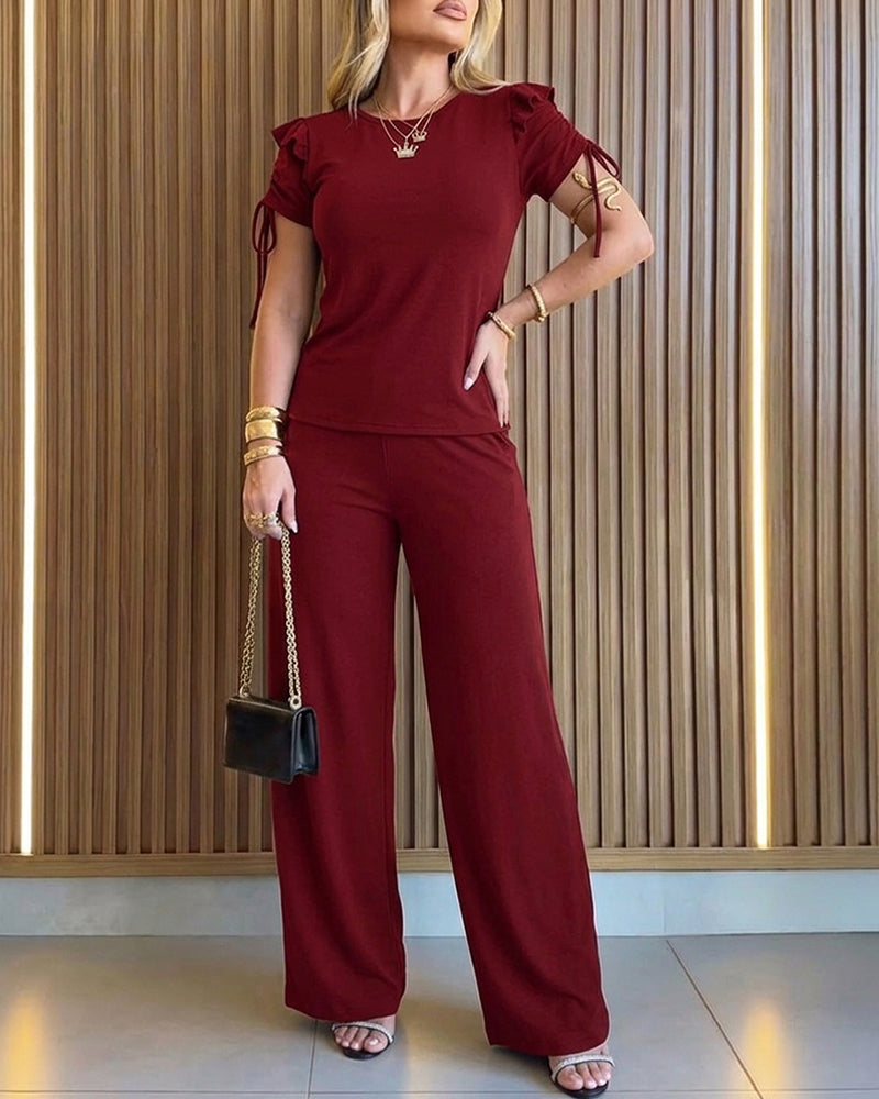 2 Pieces Outfit Ruffles Decor Drawstring Short Sleeve Top and Casual Elastic Waist Seam Front Wide Leg Pants Set