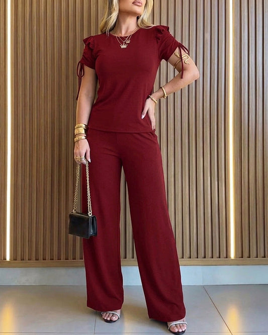2 Pieces Outfit Ruffles Decor Drawstring Short Sleeve Top and Casual Elastic Waist Seam Front Wide Leg Pants Set