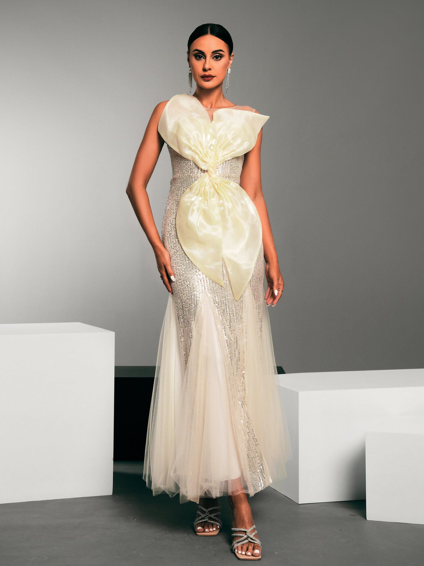 Bow Knot Sequin Panel Tulle Mermaid Dress
