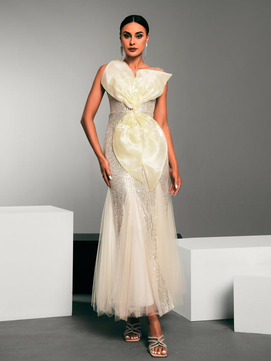 Bow Knot Sequin Panel Tulle Mermaid Dress