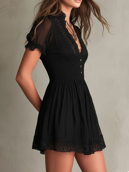 Classic Muse Smocked Lace-Trim Black  Mini Dress