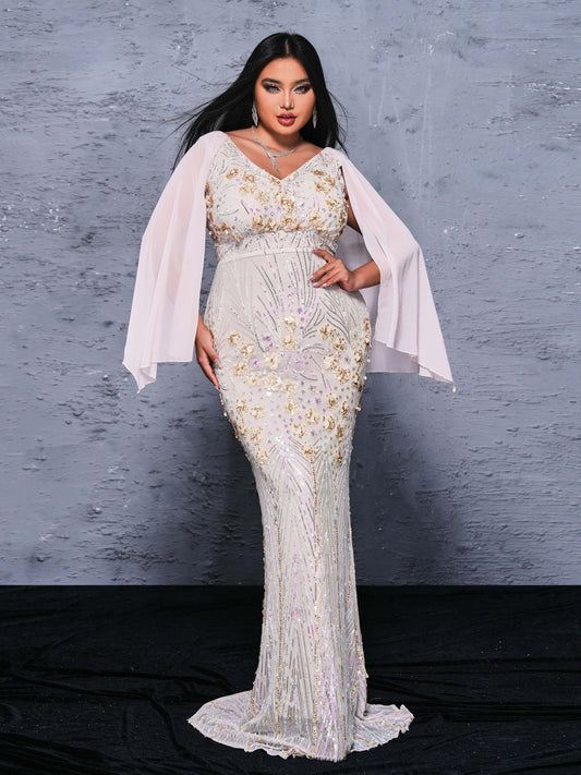 Plus V-neck Floral Sequin Mermaid Dress