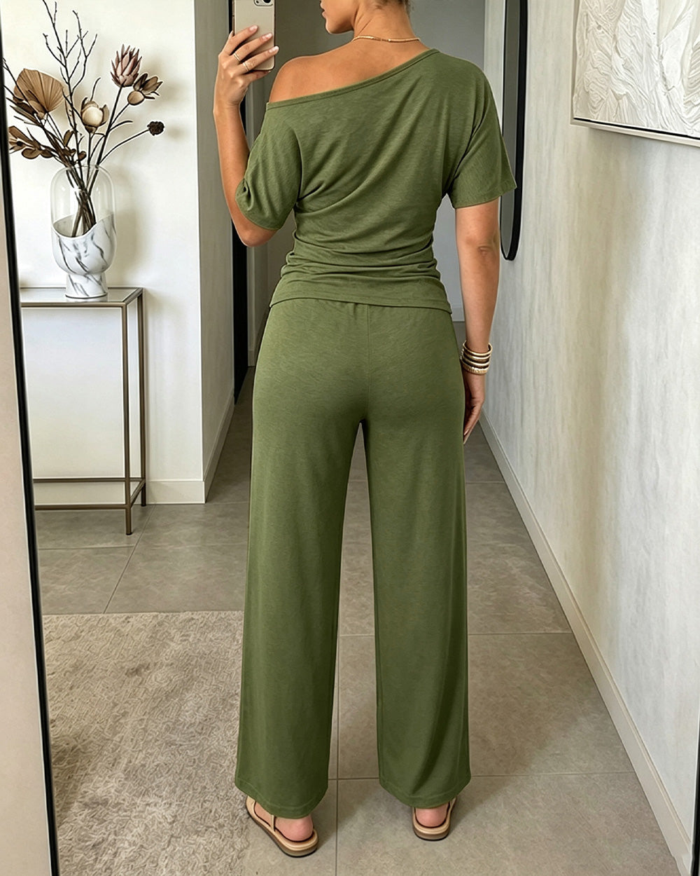 Women's Skew Neck 2 Piece Outfits Ruched Tie Waist Short Sleeve Top and High Waisted Wide Leg Pants Lounge Set