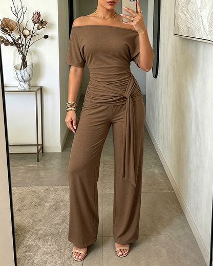 Women's Skew Neck 2 Piece Outfits Ruched Tie Waist Short Sleeve Top and High Waisted Wide Leg Pants Lounge Set