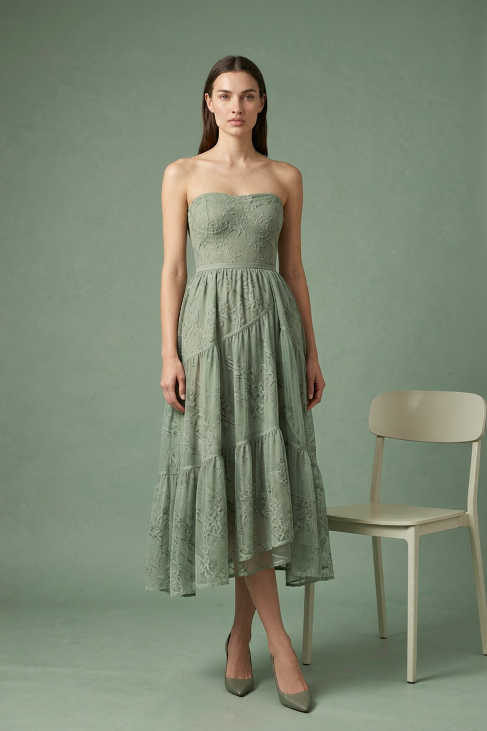 Sage Strapless Midi Dress warm sand breathable viscose crepe or linen blend Two-Piece Set - product view 5