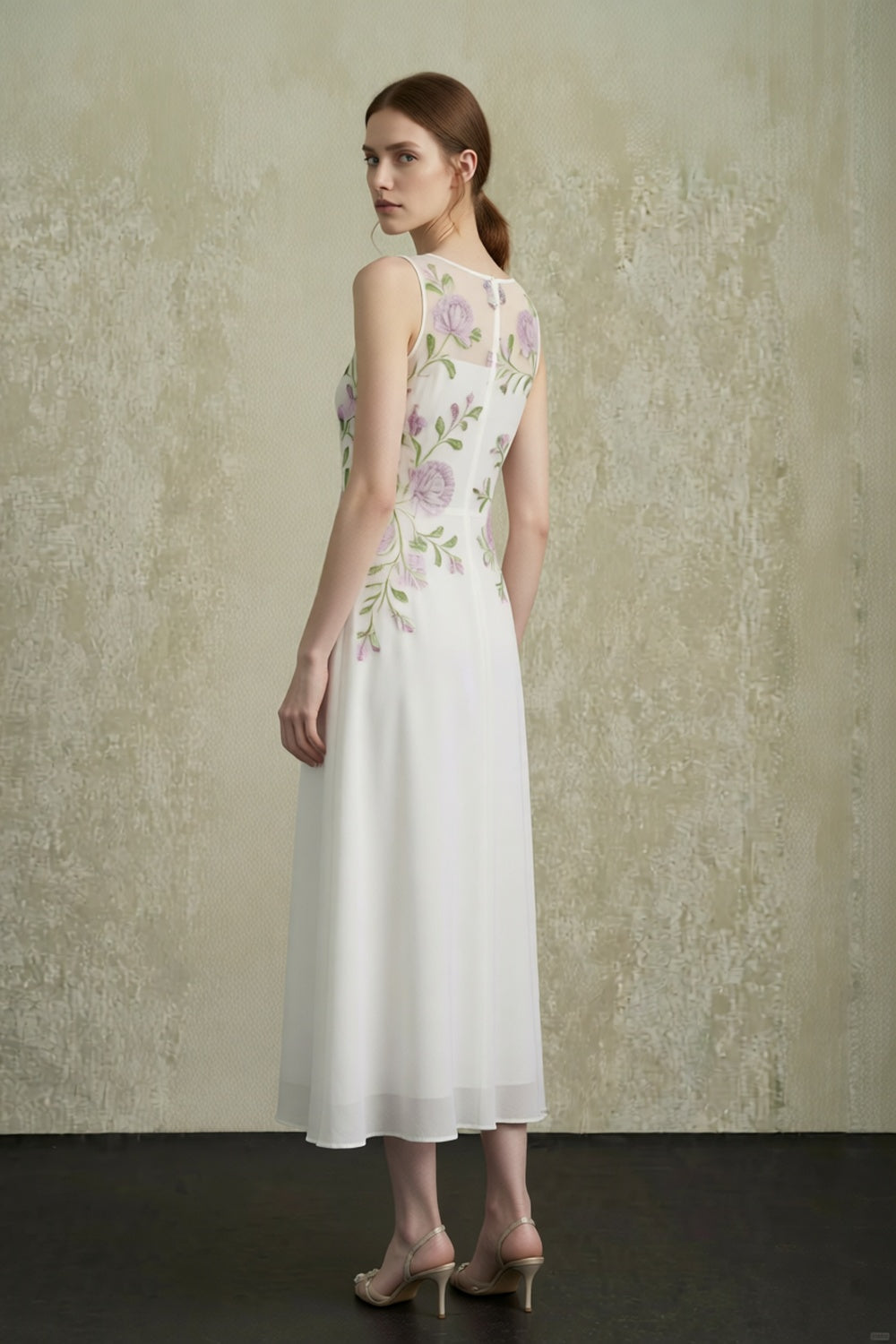 White Sleeveless Round Neck Sheer Mesh Bust Panel Handmade Purple Rose Floral Embroidery Flowy A-Line Midi Dress