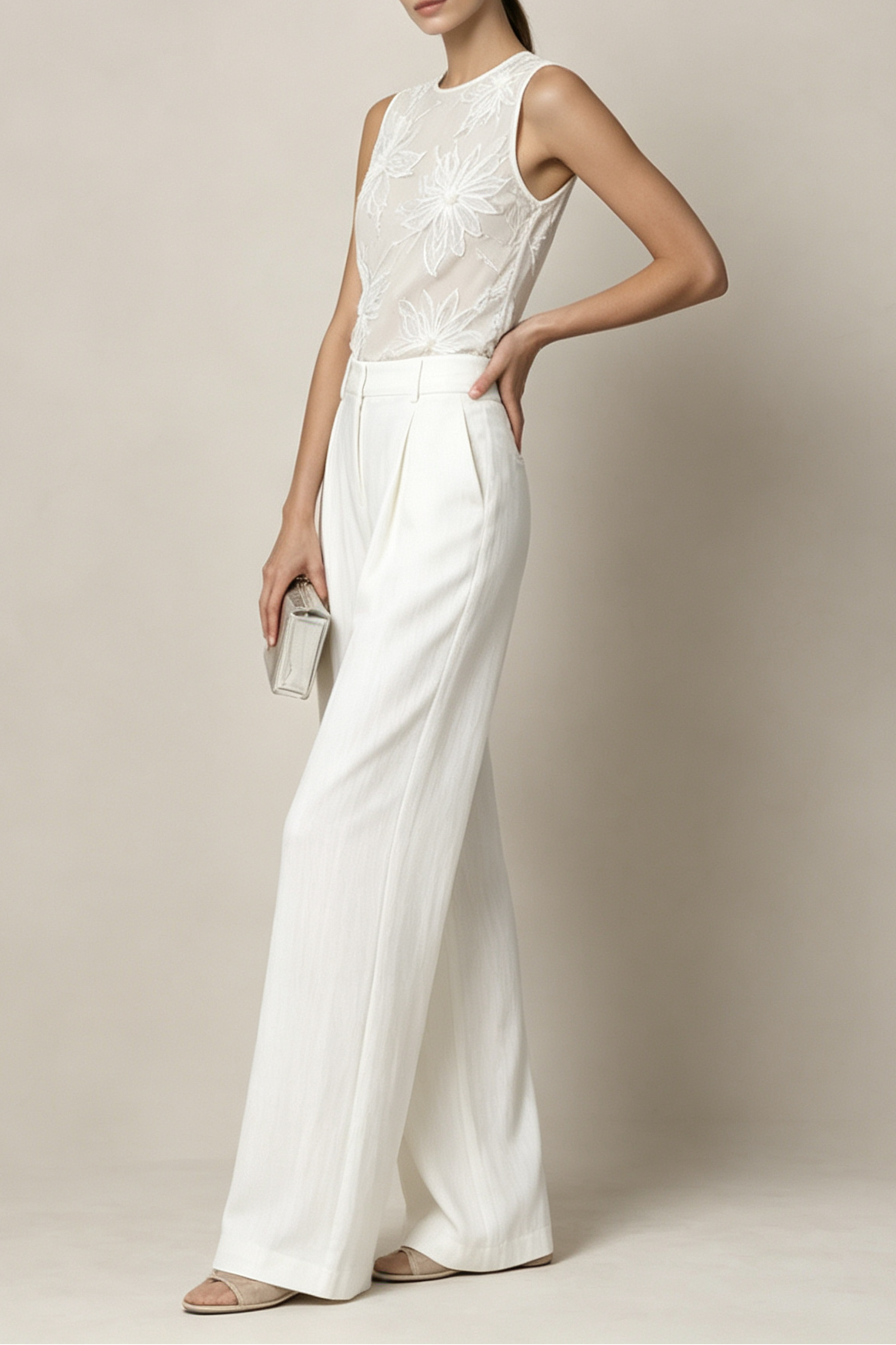White Sheer Mesh 3D Floral Sleeveless Round Neck Wide Leg Pants Two-Piece Set