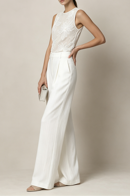 White Sheer Mesh 3D Floral Sleeveless Round Neck Wide Leg Pants Two-Piece Set