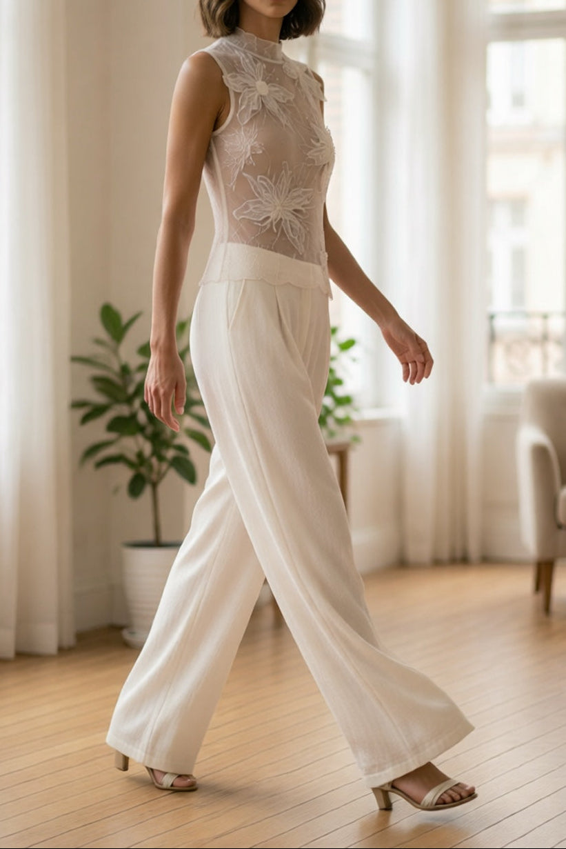 White 3D Floral Mesh Top & Wide Leg Pants 2-Piece Set