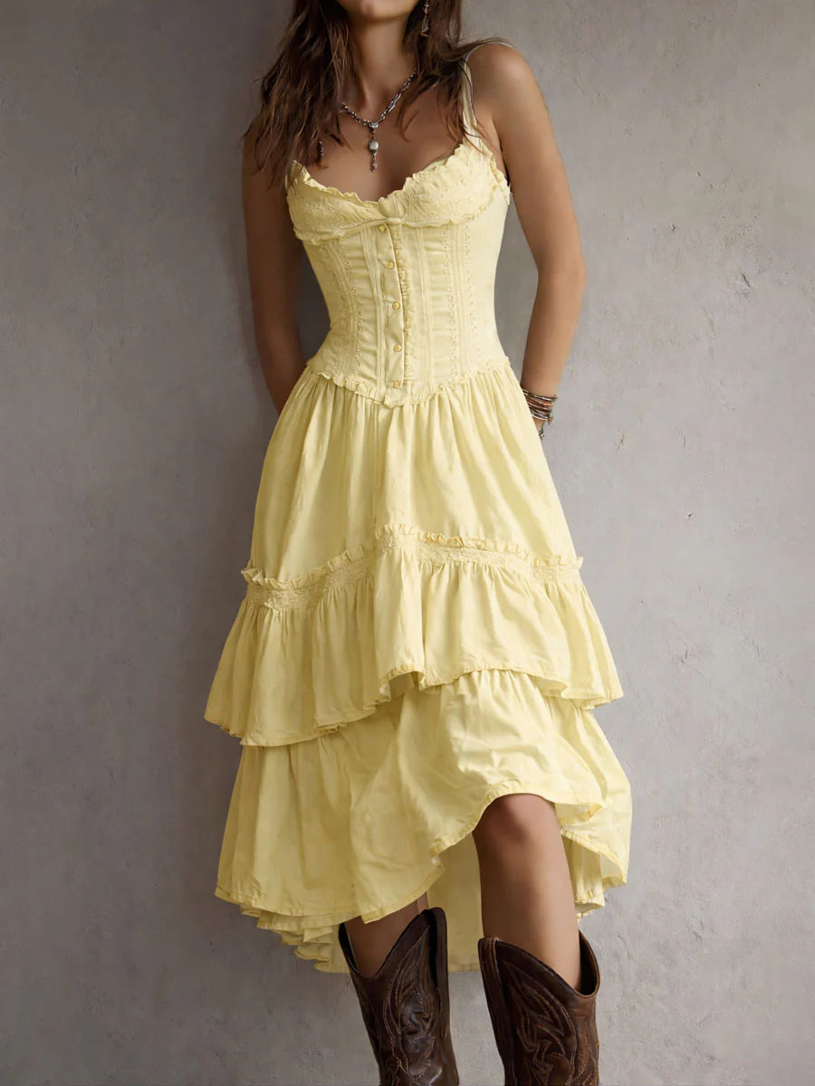 white renee Corset Tiered Midi Dress With Lace-Trim