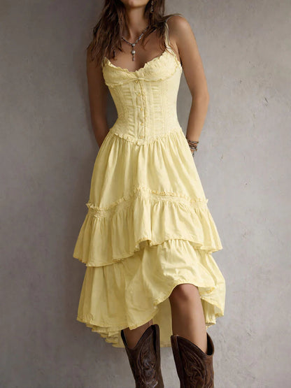 white renee Corset Tiered Midi Dress With Lace-Trim