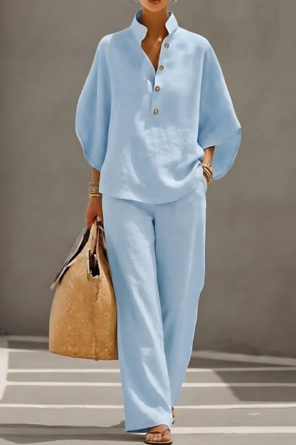 Women’s Batwing Sleeve Linen Cotton Two-Piece Set – Casual Shirt & Wide Leg Pants Outfit