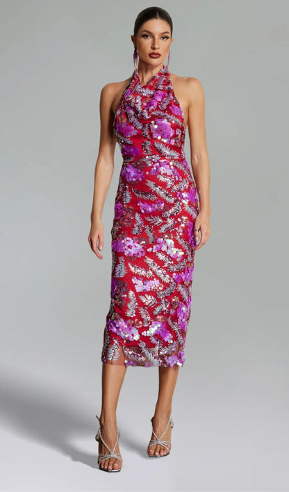 Embellished halter backless midi dress
