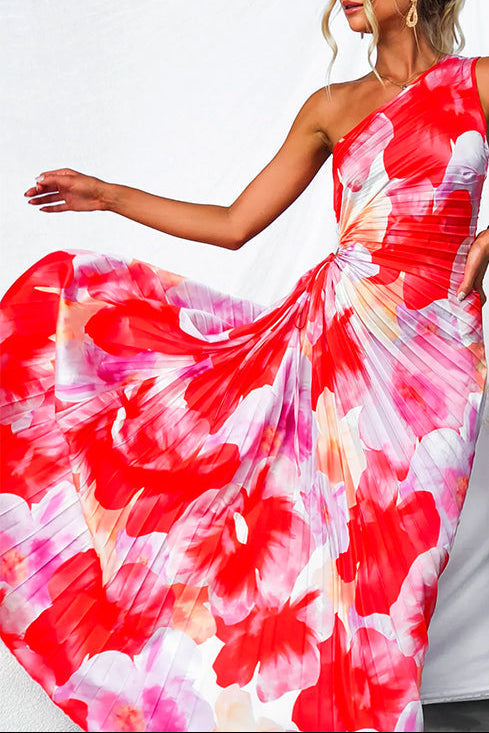 One Shoulder Sleeveless Print Asymmetric Maxi Pleated Dress