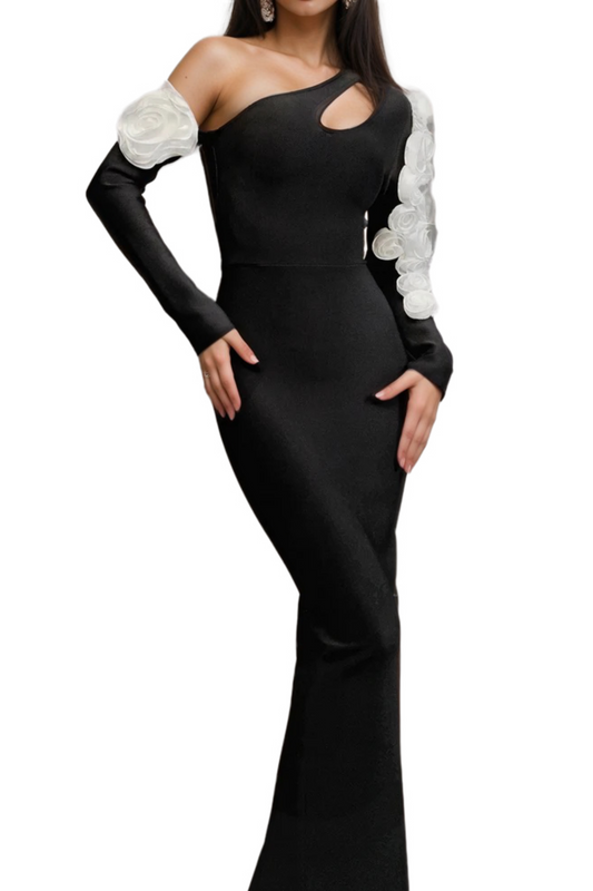 One Shoulder flower embellished Cutout Bandage Maxi Dress in black