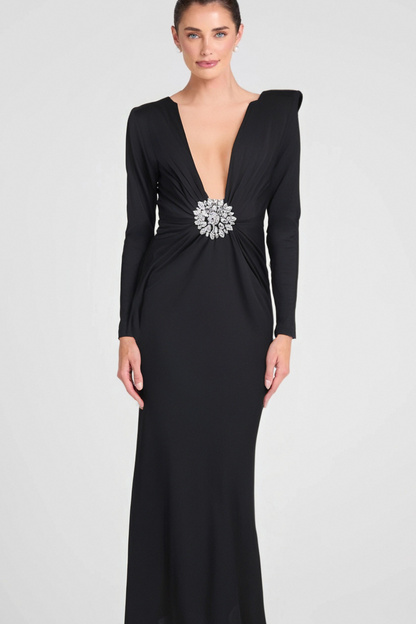 BERNICE LONG SLEEVE DRAPED EMBELLISHED MAXI DRESS IN BLACK