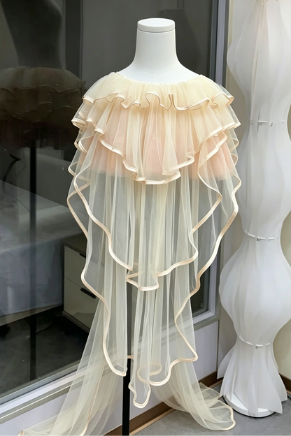 Champagne Strapless 3D Floral Corset Top & High Low Ruffle Tulle Skirt Set
