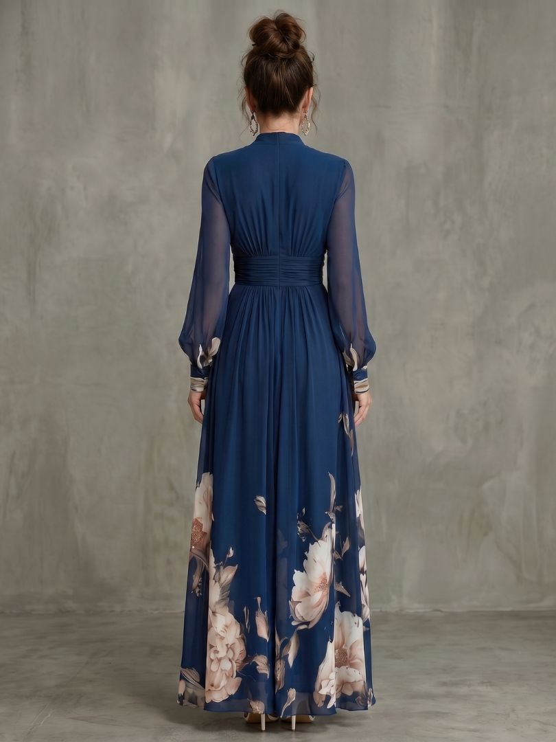Navy Blue Floral Print Chiffon V-Neck Long Sleeve Pleated Maxi Dress