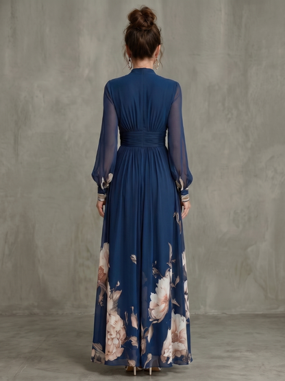 Navy Blue Floral Print Chiffon V-Neck Long Sleeve Pleated Maxi Dress