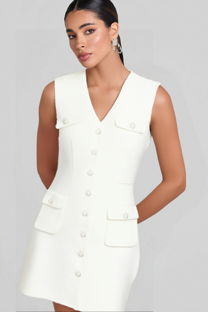 Bouclé pearl-buttons knitted mini dress in white