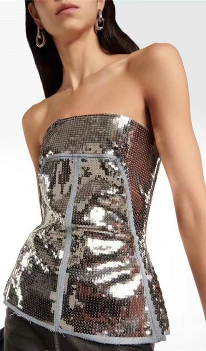 Metallic Sequin Embellished Sleeveless Denim Bustier Crop Top