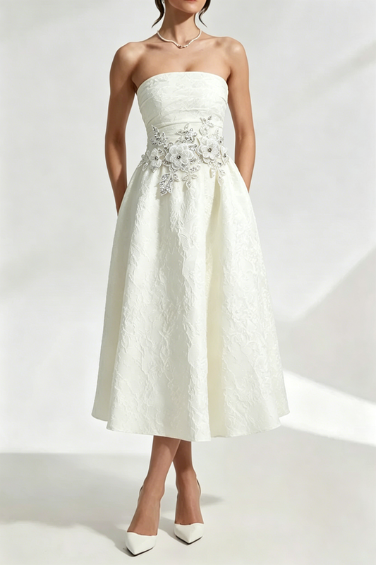 Lace Flower Embroidery Saoirse Midi Dress - Ivory