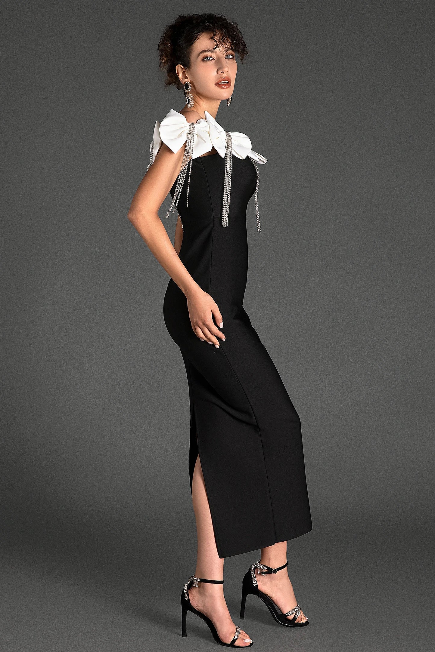 Palaiolis Bow Rhinestone Fringe Bandage Dress