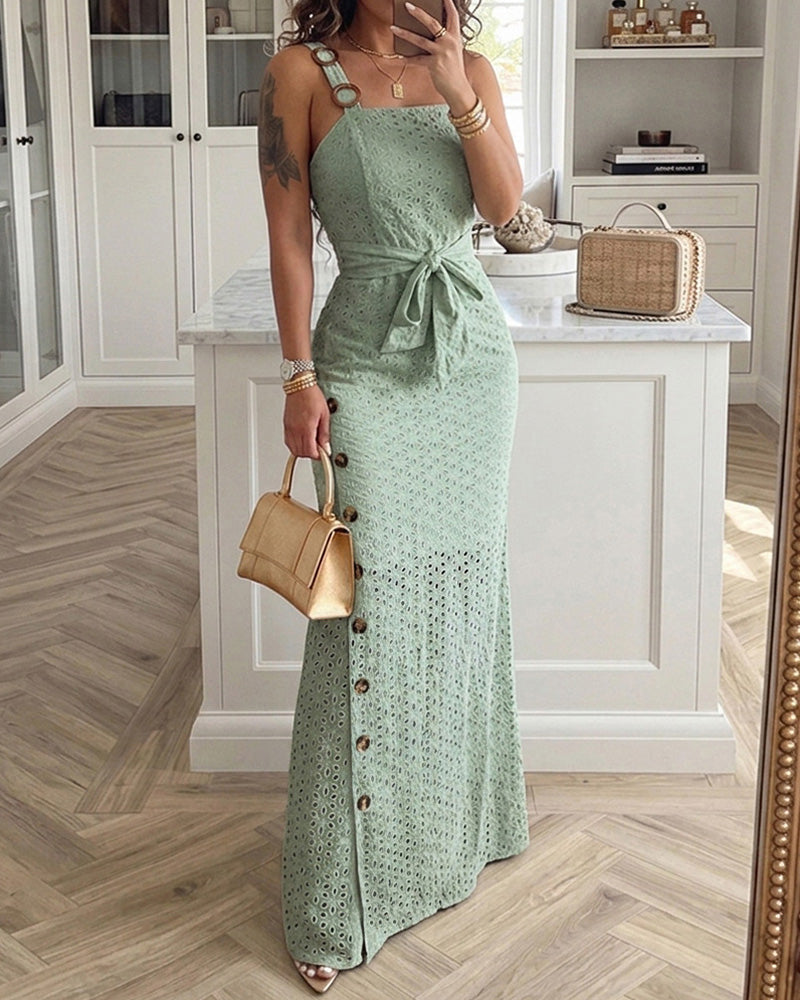 Women's Eyelet Embroidery Maxi Dress Backless Side Slit Slip Dress Tie Waist Bohemian Long Dress