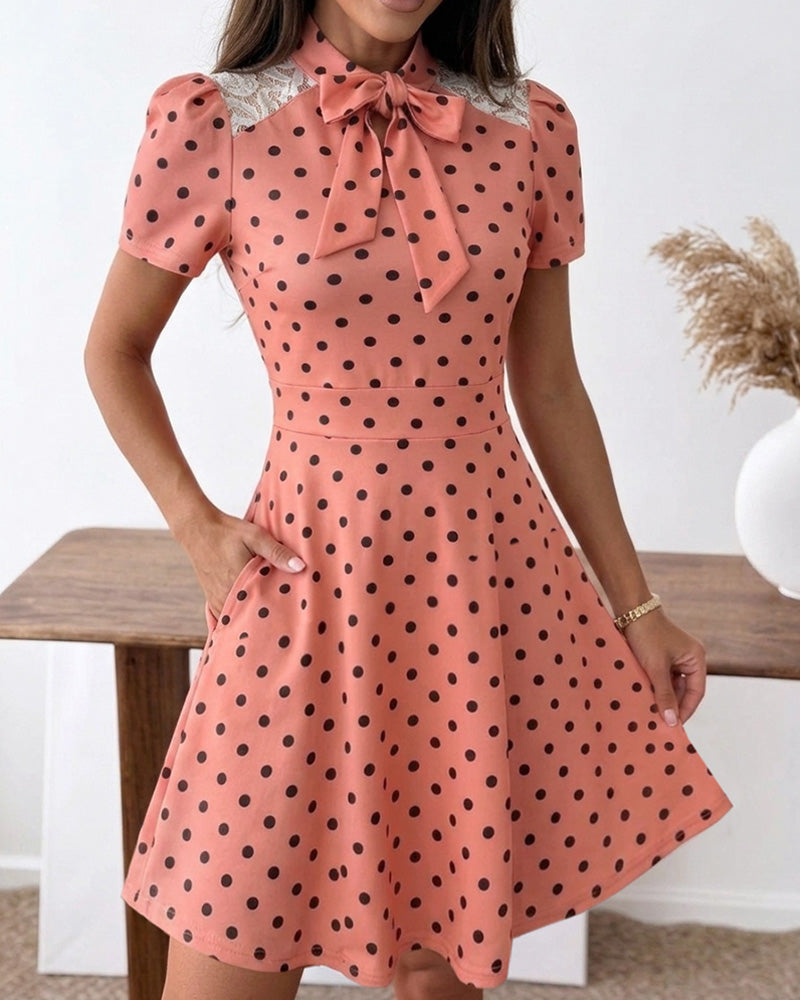 Women's Polka Dot A Line Dress Vintage Tie Neck Puff Sleeve Lace Patchwork Commuting Dress with Pockets