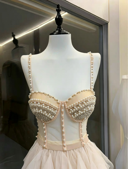 Cream Strapless Pearl Embellished Corset Top & High Low Ruffle Tulle Skirt Set