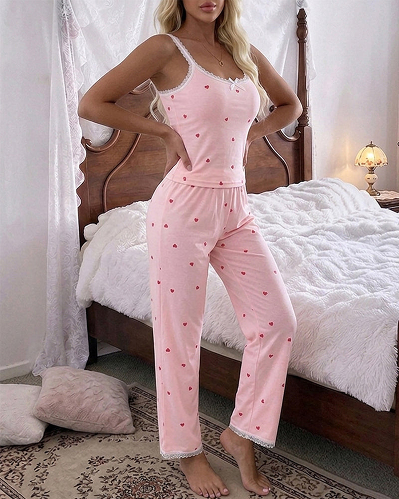 Women's 2 Piece Heart Print Pajama Set Lace Trim U-Neck Cami Top and Pants Sweet Lounge Set with Pockets