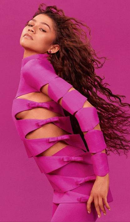 Cutout long sleeve mini dress in hot pink
