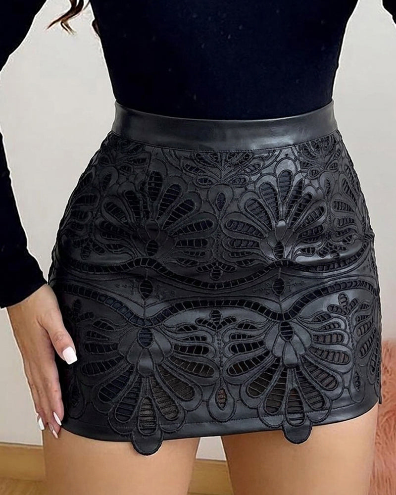 Women's Sexy PU Leather Mini Skirt High Waisted Hollow Out Bodycon Skirt Laser Cut Overlay Faux Leather Skirt