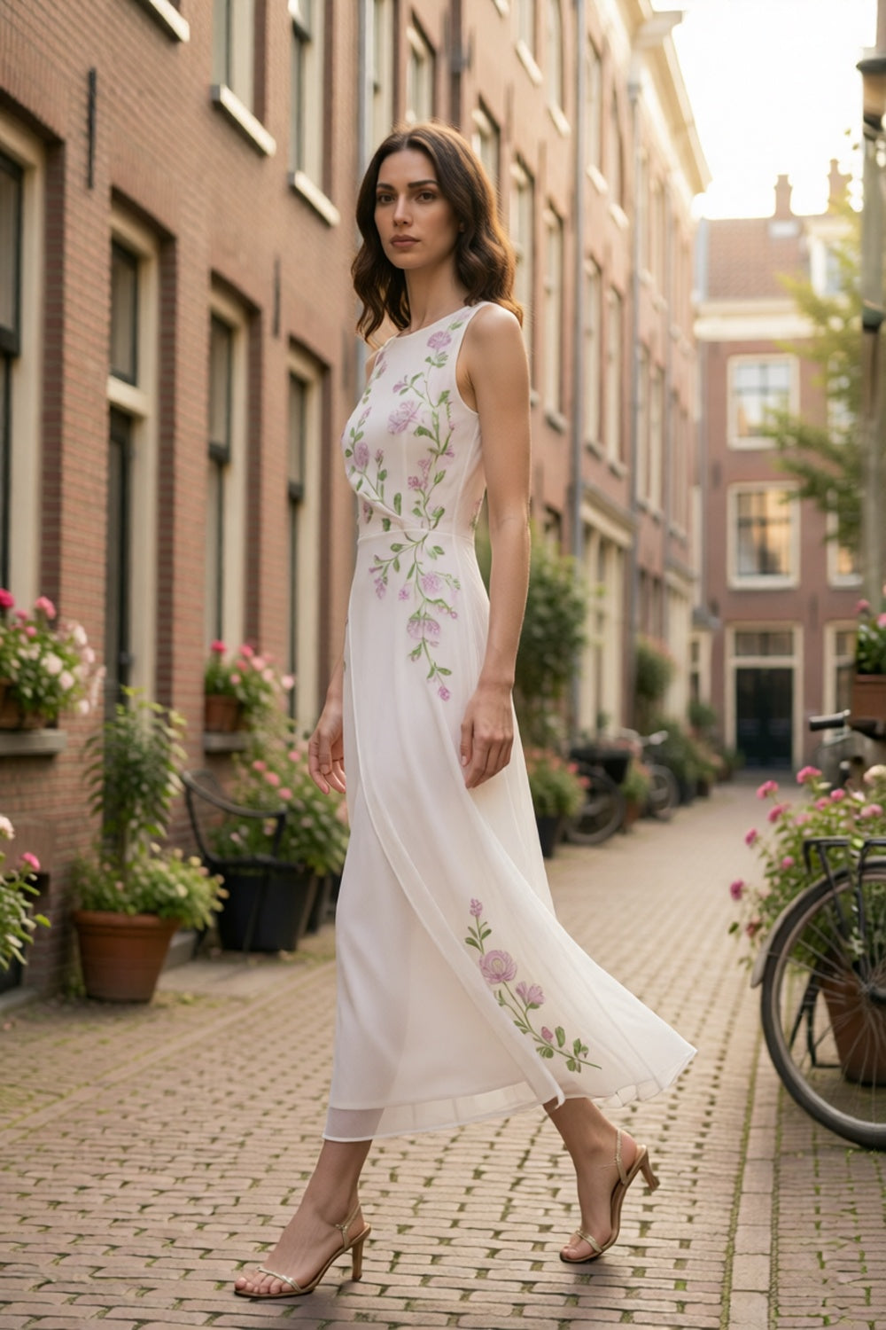 White Sleeveless Crew Neck Asymmetrical Purple Peony Floral Embroidery Sheer Chiffon Flowy Maxi Dress