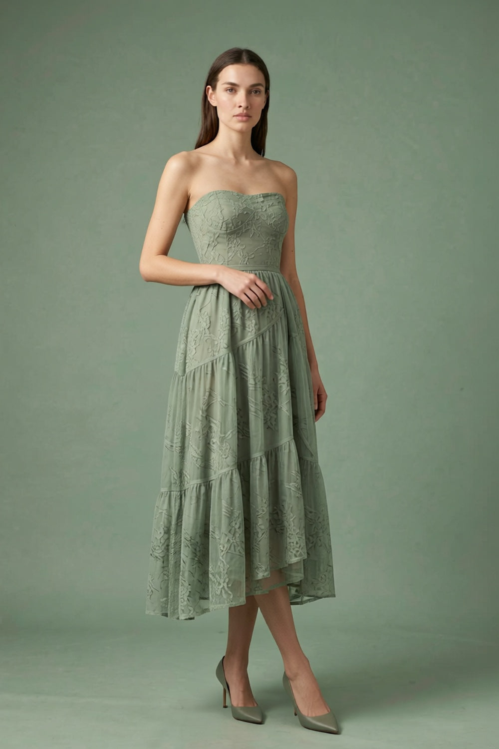 Sage Strapless Midi Dress warm sand breathable viscose crepe or linen blend Two-Piece Set - product view 2