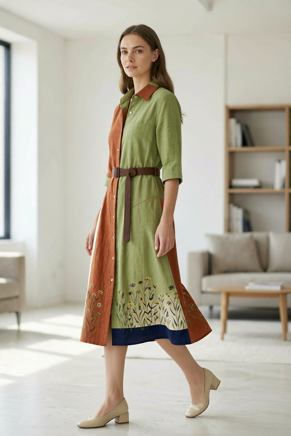 Linen Cotton Shirt Dress with Botanical Print, Color Block Design & Waist Belt