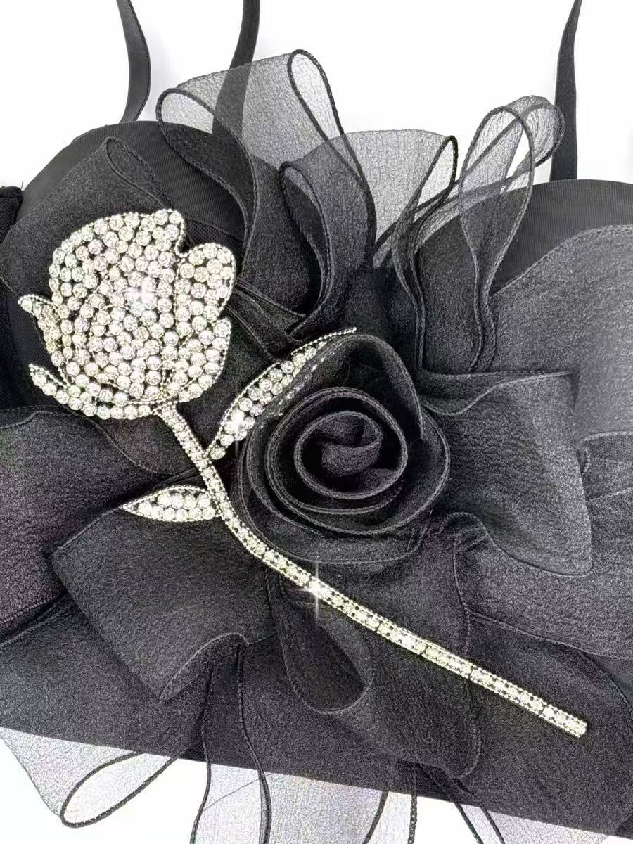 Rhinestone Rose Corset & Fluffy Tulle Mini Skirt Two-Piece Set