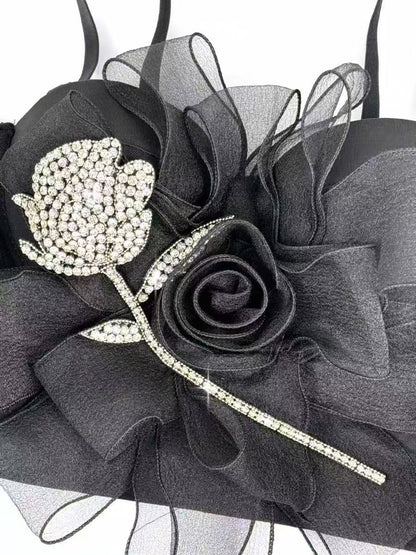 Rhinestone Rose Corset & Fluffy Tulle Mini Skirt Two-Piece Set