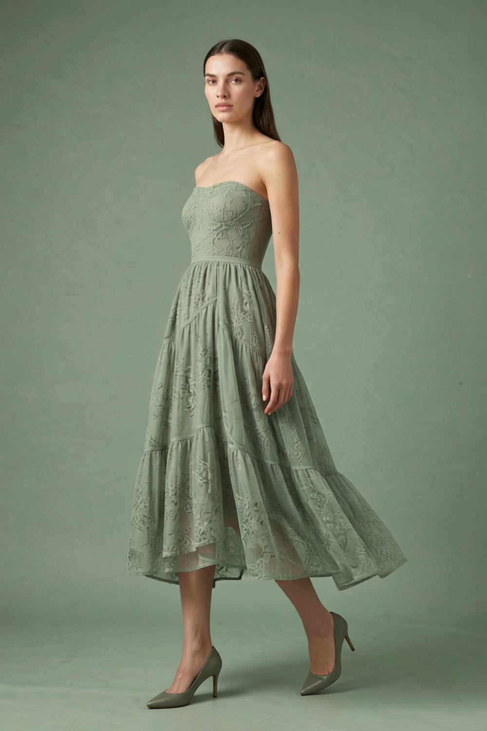 Sage Strapless Midi Dress warm sand breathable viscose crepe or linen blend Two-Piece Set - product view 3