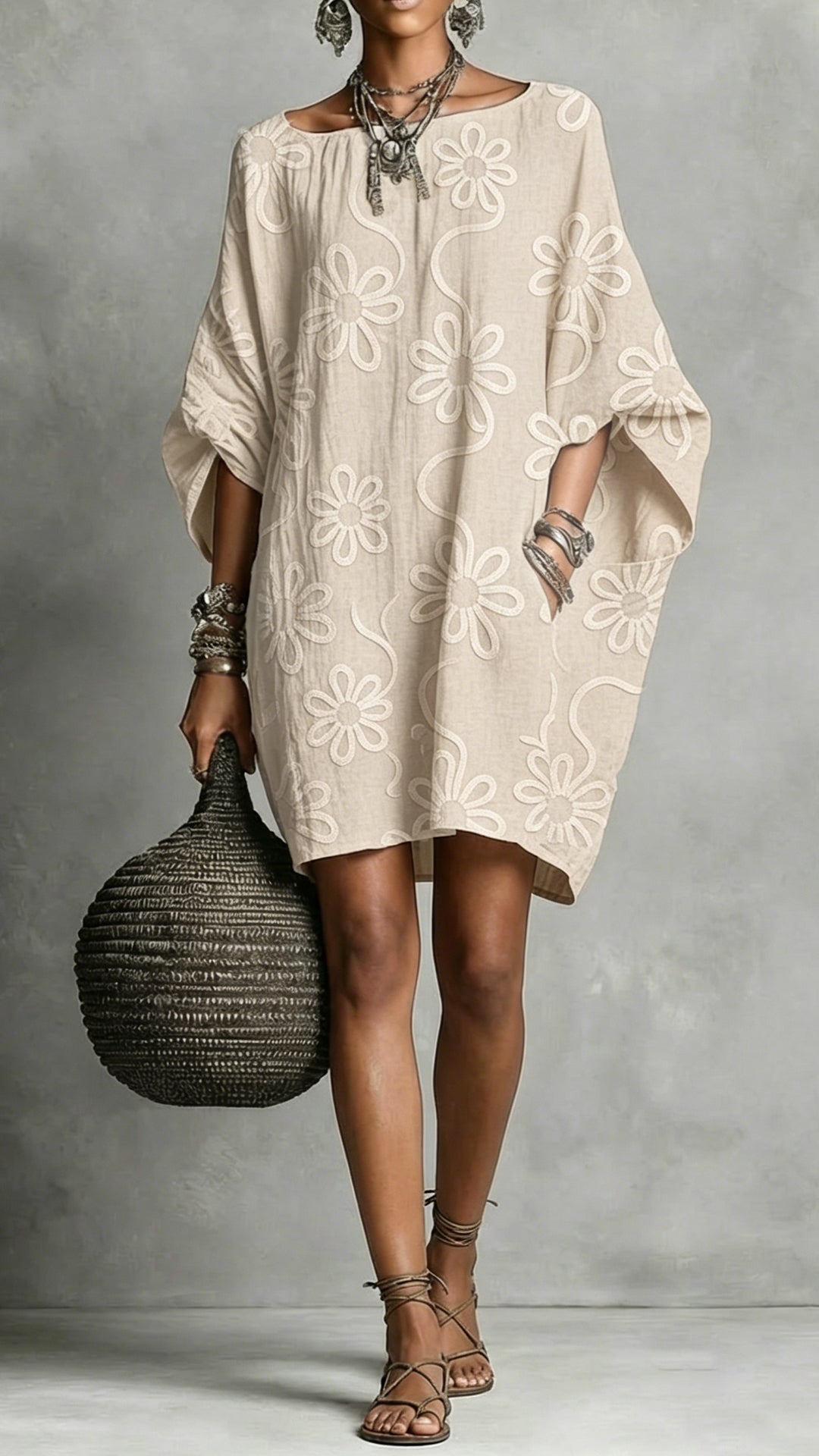 Women's Floral Print Linen-Blend Tunic Dress