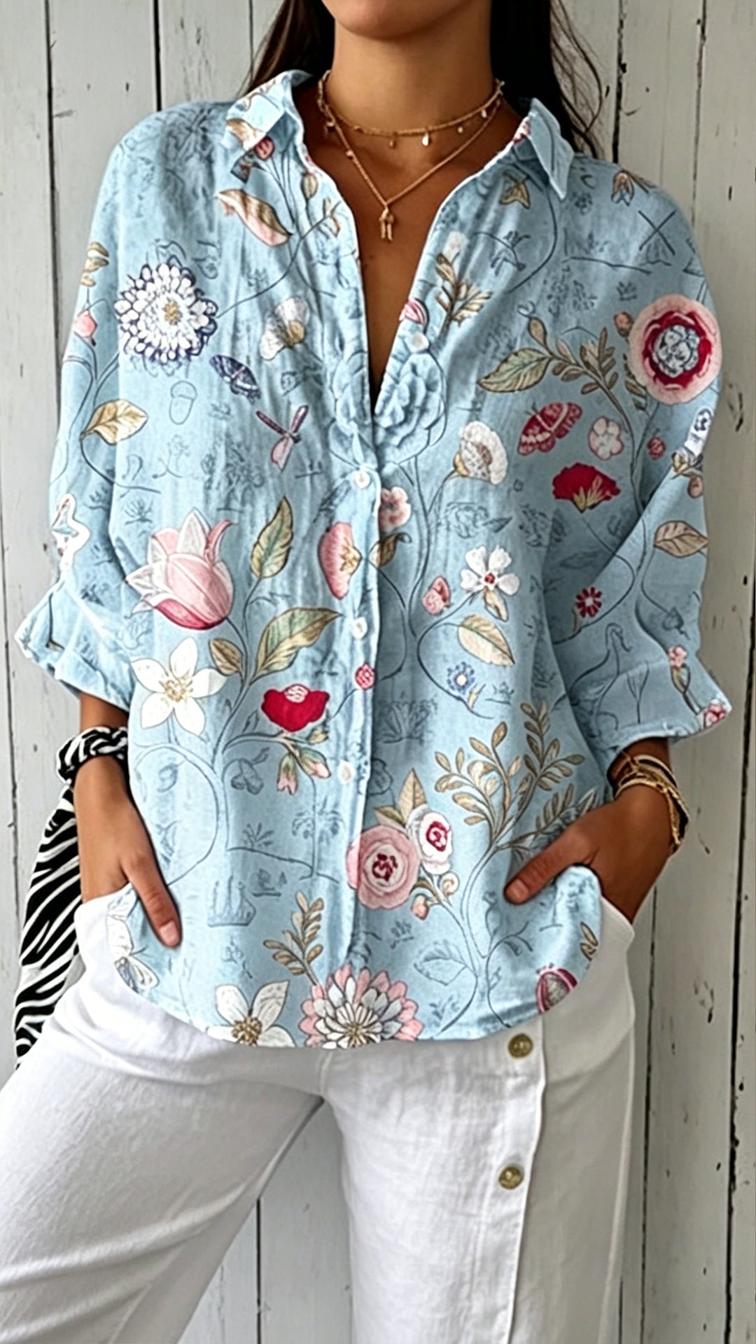 Women's Doll Collar Printed Polyester Blouse