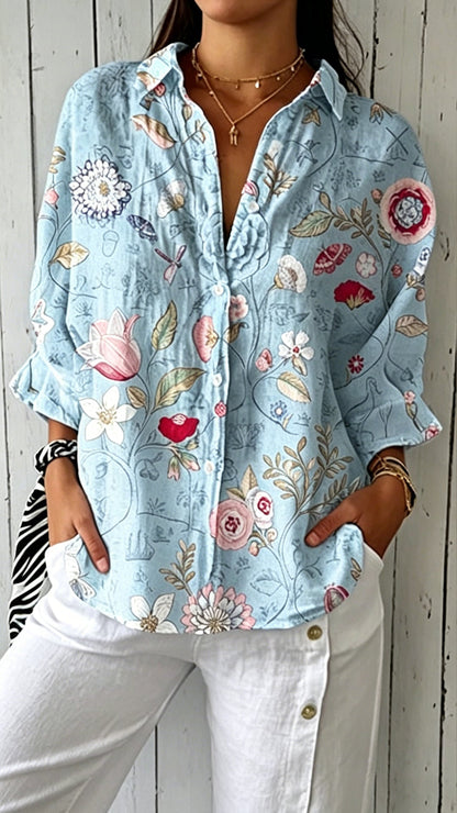 Women's Doll Collar Printed Polyester Blouse