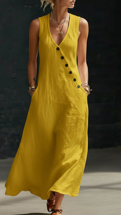 Linen-Texture V-Neck Sleeveless Maxi Dress