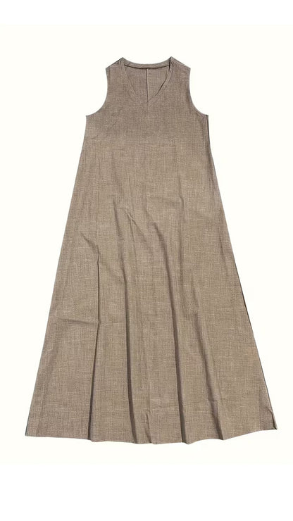 Vintage-effect V-neck Sleeveless Loose Maxi Dress
