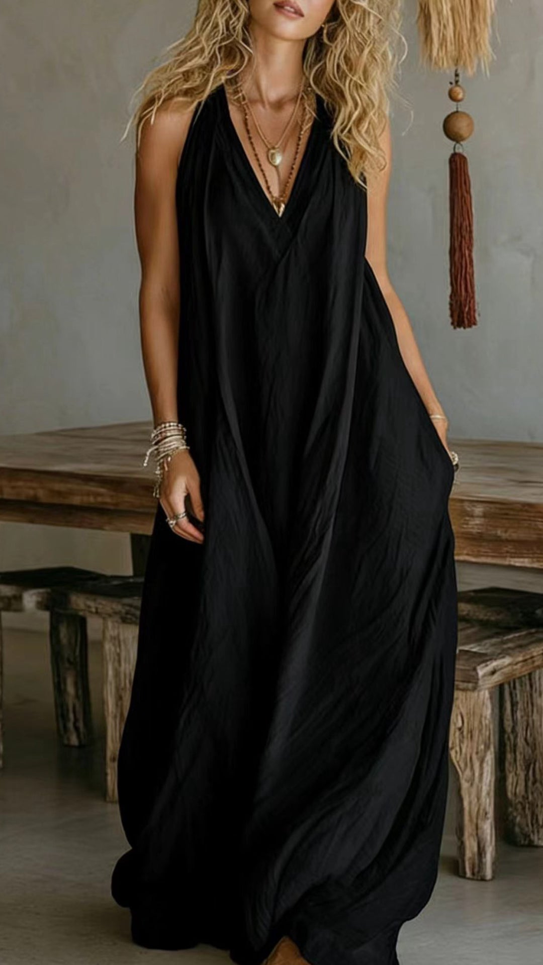 Halter V-Neck Linen-Blend Maxi Dress