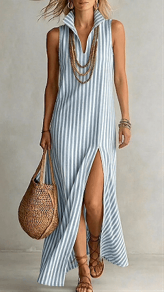 Lapel V-neck striped high-slit maxi dress