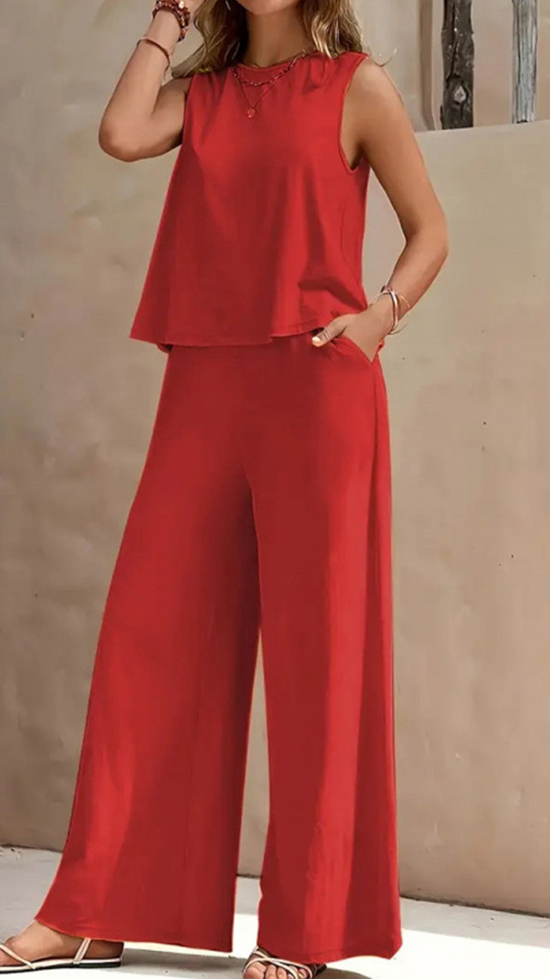 Casual Vacation Style - Sleeveless Cotton-Blend Two-Piece Set