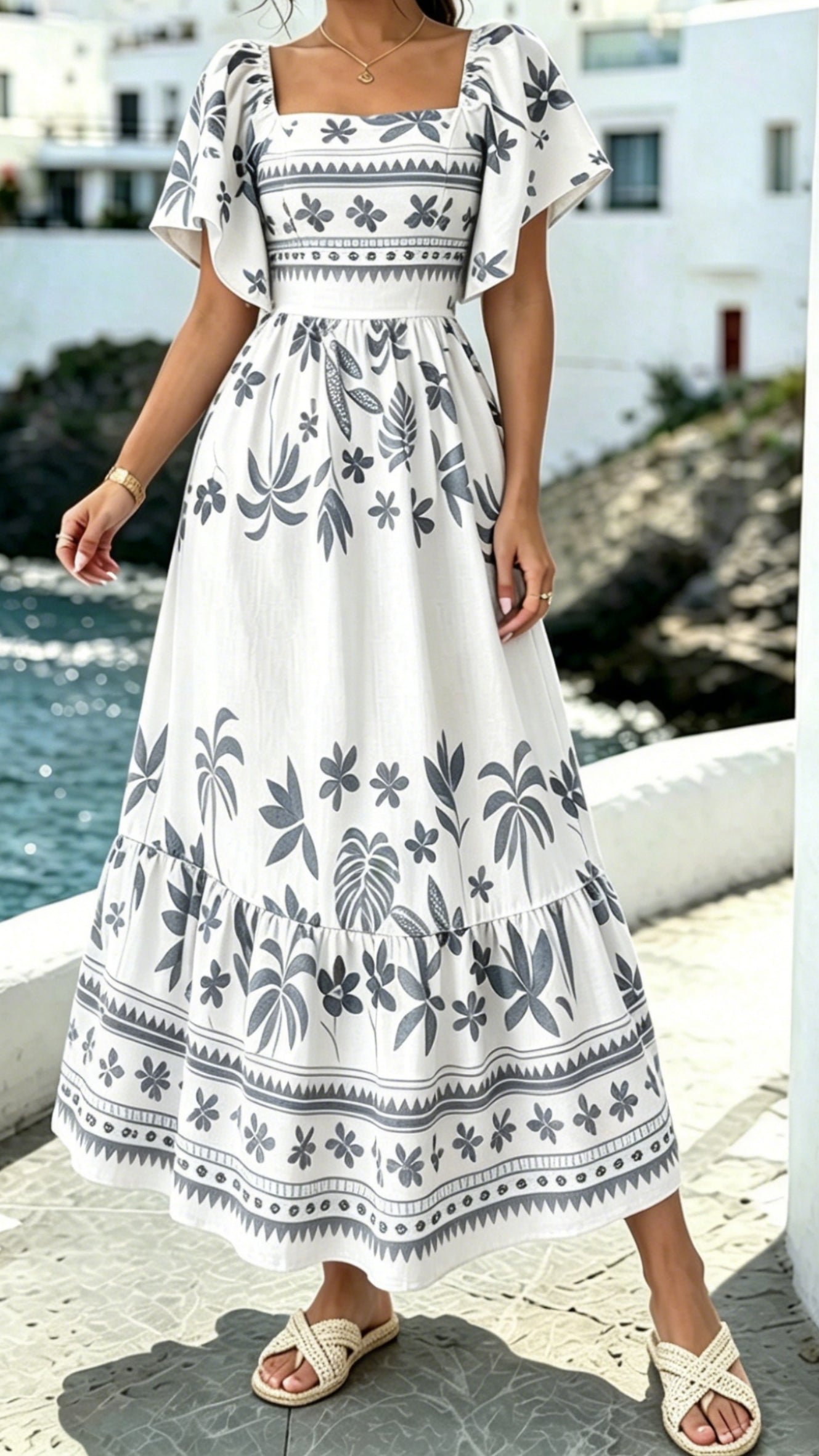 Women's Printed Dress with Square Neckline and Flutter Sleeves