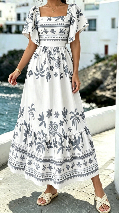 Women's Printed Dress with Square Neckline and Flutter Sleeves